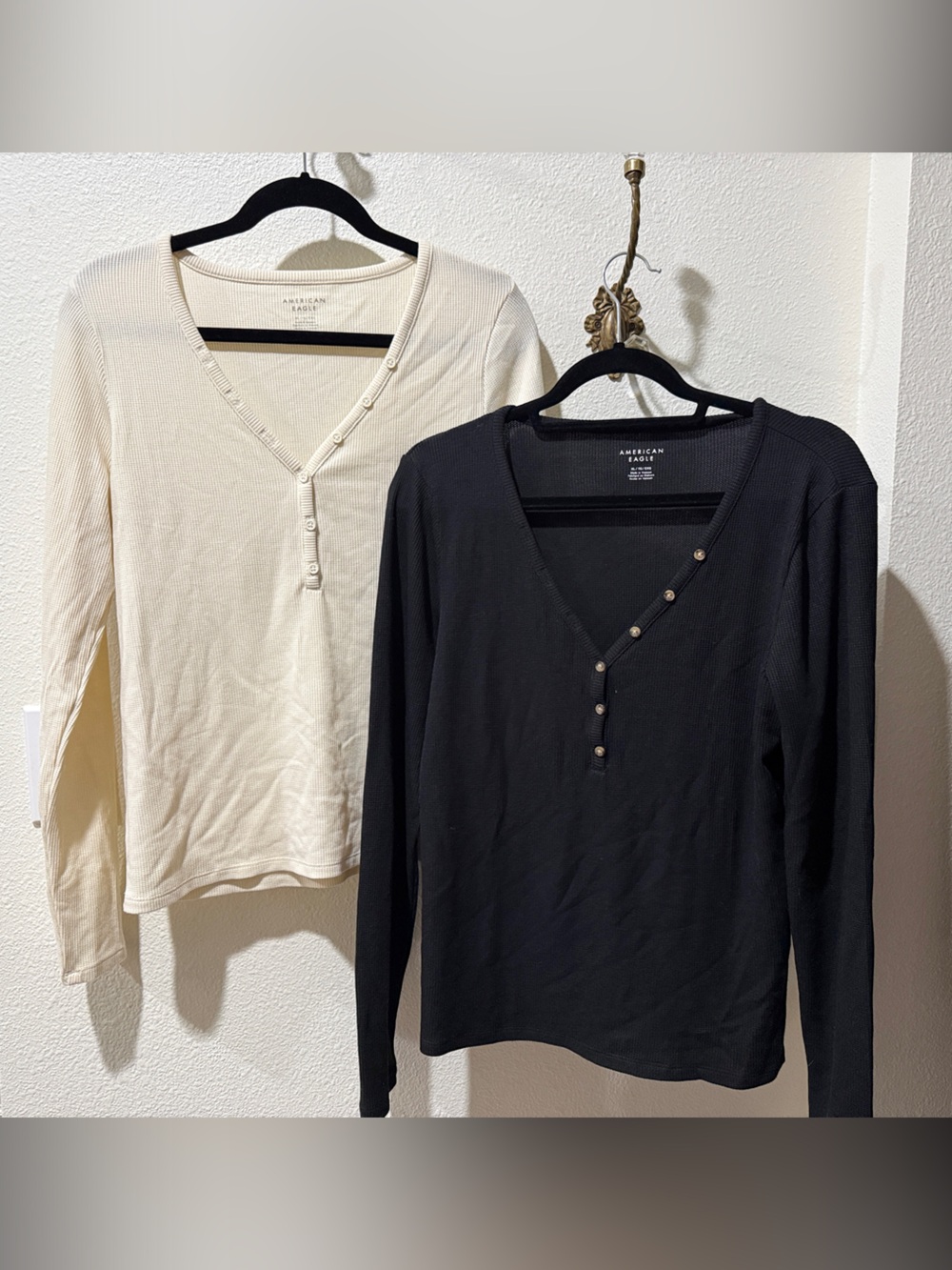 American Eagle Outfitters waffle Henley Long Sleeve Top - Black & Cream